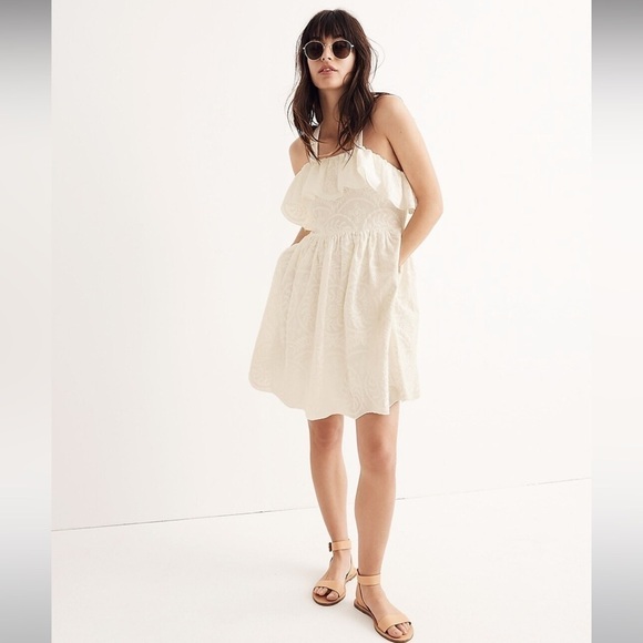 Madewell Dresses & Skirts - Madewell Embroidered Apron Ruffle Dress White Lace Criss Cross Back Size 10